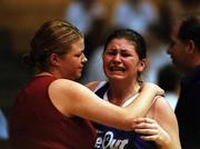 2 May 2001; Rosie King of Our Lady's Castleblayney is consoled after the Cadbury's TimeOut All Ireland Senior B Schools Final match between Our Lady of Lourdes Wexford and Our Lady's Castleblayney at the National Basketball Arena in Tallaght, Dublin. Photo by Brendan Moran/Sportsfile