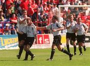 6 May 2001; Ollie Cahill, second from left, of Cork City, celebrates scoring his side's winning goal with team-mates during the Eircom League Premier Division match between Shelbourne and Cork City at Tolka Park in Dublin. Photo by David Maher/Sportsfile