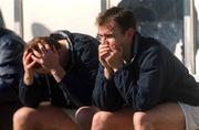 6 May 2001; A dejected Pat Fenlon, right, and Stephen Geoghegan of Shelbourne sit in the team dugout after the Eircom League Premier Division match between Shelbourne and Cork City at Tolka Park in Dublin. Photo by David Maher/Sportsfile