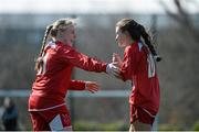 15 March 2016; McKenna Davidson, University of Limerick, right, celebrates after scoring her side's first goal with Claire Keating. Dublin City University. WSCAI Division One Final, University of Limerick v Dublin City University, University of Limerick, Limerick. Picture credit: Sam Barnes / SPORTSFILE