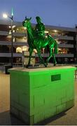 16 March 2016; The Arkle and Dawn Run, pictured, Statues were lit green ahead of St Patrick’s Day to mark Arkle’s 50th and Dawn Run’s 30th anniversary of winning the Gold Cup. Prestbury Park, Cheltenham, Gloucestershire, England Picture credit: Seb Daly / SPORTSFILE