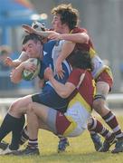 10 March 2010; John Gill, Sligo Grammar School, in action against Robert Murray and Jordan Healy, Colaiste Iognaid, Galway. Connacht Tribune Senior Schools Rugby Cup Final, Sligo Grammar School v Colaiste Iognaid, Galway, Sportsground, Galway. Picture credit: Ray Ryan / SPORTSFILE