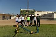 17 March 2016; Students of Mar Vista High School with TG4 LGFA All Stars after a demonstration of Ladies Football. Pictured are, from left, Annie Walsh, Cork, student Owen Jurado, Caroline O'Hanlon, Armagh, student Andrew Meling, Rena Buckley, Cork, student Daniel Puamau, Sinead kernan, Armagh, and student Joey Gill. TG4 Ladies Football All-Star Tour, Mar Vista High School, Imperial Beach. California, USA. Picture credit: Brendan Moran / SPORTSFILE