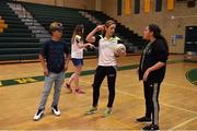 17 March 2016; TG4 LGFA All Stars Caroline O'Hanlon, Armagh, speaks to students during a demonstration of Ladies Football to students from Mar Vista High School. TG4 Ladies Football All-Star Tour, Mar Vista High School, Imperial Beach. California, USA. Picture credit: Brendan Moran / SPORTSFILE