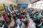 16 March 2016; Pictured during a Q&A session with Parteen NS students are Republic of Ireland senior women’s team player Claire O’Riordan, playing with Wexford Youths FC, from Newcastlewest Co. Limerick, along with U19's players Aislinn Meaney and Chloe Moloney both playing with Galway WFC, from Co. Clare, and Parteen NS teacher Patrick Hickey who plays with the Ireland Amputee Team. The Republic of Ireland players delivered over €1,000 worth of sports equipment to Parteen National School, Co. Clare, courtesy of Continental Tyres, proud supporters of women’s soccer in Ireland. The school won a recent Today FM radio competition and the pupils received the new sports equipment and a special Continental Tyres training session at their school with the Irish women’s soccer players. Parteen National School, Parteen, Co. Clare. Picture credit: Diarmuid Greene / SPORTSFILE