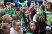 16 March 2016; Pictured during a Q&A session with Parteen NS students are Republic of Ireland senior women’s team player Claire O’Riordan, playing with Wexford Youths FC, from Newcastlewest Co. Limerick, along with U19's players Aislinn Meaney and Chloe Moloney both playing with Galway WFC, from Co. Clare, and Parteen NS teacher Patrick Hickey who plays with the Ireland Amputee Team. The Republic of Ireland players delivered over €1,000 worth of sports equipment to Parteen National School, Co. Clare, courtesy of Continental Tyres, proud supporters of women’s soccer in Ireland. The school won a recent Today FM radio competition and the pupils received the new sports equipment and a special Continental Tyres training session at their school with the Irish women’s soccer players. Parteen National School, Parteen, Co. Clare. Picture credit: Diarmuid Greene / SPORTSFILE