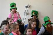 16 March 2016; Pictured are Parteen NS students during a Q&A session with Republic of Ireland senior women’s team player Claire O’Riordan, playing with Wexford Youths FC, from Newcastlewest Co. Limerick, along with U19's players Aislinn Meaney and Chloe Moloney both playing with Galway WFC, from Co. Clare, and Parteen NS teacher Patrick Hickey who plays with the Ireland Amputee Team. The Republic of Ireland players delivered over €1,000 worth of sports equipment to Parteen National School, Co. Clare, courtesy of Continental Tyres, proud supporters of women’s soccer in Ireland. The school won a recent Today FM radio competition and the pupils received the new sports equipment and a special Continental Tyres training session at their school with the Irish women’s soccer players. Parteen National School, Parteen, Co. Clare. Picture credit: Diarmuid Greene / SPORTSFILE