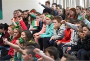 16 March 2016; Pictured are Parteen NS students during a Q&A session with Republic of Ireland senior women’s team player Claire O’Riordan, playing with Wexford Youths FC, from Newcastlewest Co. Limerick, along with U19's players Aislinn Meaney and Chloe Moloney both playing with Galway WFC, from Co. Clare, and Parteen NS teacher Patrick Hickey who plays with the Ireland Amputee Team. The Republic of Ireland players delivered over €1,000 worth of sports equipment to Parteen National School, Co. Clare, courtesy of Continental Tyres, proud supporters of women’s soccer in Ireland. The school won a recent Today FM radio competition and the pupils received the new sports equipment and a special Continental Tyres training session at their school with the Irish women’s soccer players. Parteen National School, Parteen, Co. Clare. Picture credit: Diarmuid Greene / SPORTSFILE