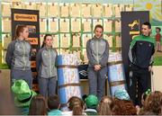 16 March 2016; Pictured during a Q&A session with Parteen NS students are Republic of Ireland senior women’s team player Claire O’Riordan, playing with Wexford Youths FC, from Newcastlewest Co. Limerick, along with U19's players Aislinn Meaney and Chloe Moloney both playing with Galway WFC, from Co. Clare, and Parteen NS teacher Patrick Hickey who plays with the Ireland Amputee Team. The Republic of Ireland players delivered over €1,000 worth of sports equipment to Parteen National School, Co. Clare, courtesy of Continental Tyres, proud supporters of women’s soccer in Ireland. The school won a recent Today FM radio competition and the pupils received the new sports equipment and a special Continental Tyres training session at their school with the Irish women’s soccer players. Parteen National School, Parteen, Co. Clare. Picture credit: Diarmuid Greene / SPORTSFILE