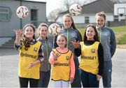 16 March 2016; Parteen NS girls 6th class students Ellen Walters, Sophie Cribben, and Lorna Tucker, after a coaching session with Republic of Ireland senior women’s team player Claire O’Riordan, playing with Wexford Youths FC, from Newcastlewest Co. Limerick, centre, and U19's players Aislinn Meaney, left, and Chloe Moloney both playing with Galway WFC, from Co. Clare. The Republic of Ireland players delivered over €1,000 worth of sports equipment to Parteen National School, Co. Clare, courtesy of Continental Tyres, proud supporters of women’s soccer in Ireland. The school won a recent Today FM radio competition and the pupils received the new sports equipment and a special Continental Tyres training session at their school with the Irish women’s soccer players. Parteen National School, Parteen, Co. Clare. Picture credit: Diarmuid Greene / SPORTSFILE