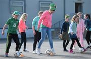 16 March 2016; Parteen NS girls during a coaching session with Republic of Ireland senior women’s team player Claire O’Riordan, playing with Wexford Youths FC, from Newcastlewest Co. Limerick, and U19's players Aislinn Meaney and Chloe Moloney both playing with Galway WFC, from Co. Clare. The Republic of Ireland players delivered over €1,000 worth of sports equipment to Parteen National School, Co. Clare, courtesy of Continental Tyres, proud supporters of women’s soccer in Ireland. The school won a recent Today FM radio competition and the pupils received the new sports equipment and a special Continental Tyres training session at their school with the Irish women’s soccer players. Parteen National School, Parteen, Co. Clare. Picture credit: Diarmuid Greene / SPORTSFILE