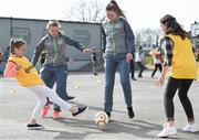 16 March 2016; Parteen NS girls 6th class students Sophie Cribben, left, and Ellen Walters during a coaching session with Republic of Ireland senior women’s team player Claire O’Riordan, playing with Wexford Youths FC, from Newcastlewest Co. Limerick, left, and U19's player Chloe Moloney, playing with Galway WFC, from Co. Clare. The Republic of Ireland players delivered over €1,000 worth of sports equipment to Parteen National School, Co. Clare, courtesy of Continental Tyres, proud supporters of women’s soccer in Ireland. The school won a recent Today FM radio competition and the pupils received the new sports equipment and a special Continental Tyres training session at their school with the Irish women’s soccer players. Parteen National School, Parteen, Co. Clare. Picture credit: Diarmuid Greene / SPORTSFILE