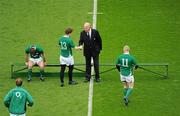 13 March 2010; President of the Irish Rugby Football Union John Callaghan greets Ireland captain Brian O'Driscoll before taking his place on the team bench for the traditional photograph ahead of the RBS Six Nations Rugby Championship, Ireland v Wales, Croke Park, Dublin. Picture credit: Ray McManus / SPORTSFILE