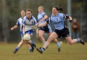 13 March 2010; Sharon Courtney, Monaghan, in action against Denise Masterson, Dublin. Bord Gais Energy Ladies National Football League, Division 1, Round 5, Dublin v Monaghan, Naomh Mhearnog, Portmarnock, Co. Dublin. Photo by Sportsfile