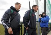 14 March 2010; Kildare manager Kieran McGeeney, left, with selector Aidan O'Rourke as they leave the field. Allianz GAA Football National League, Division 2, Round 4, Armagh v Kildare, St Oliver Plunkett Park, Crossmaglen, Co. Armagh. Picture credit: Oliver McVeigh / SPORTSFILE
