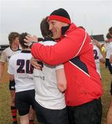 17 March 2010; Ballymena Academy coach John Andrews, celebrates with David Whann after the game. Northern Bank Schools Cup Final, Ballymena Academy v Belfast Royal Academic, Ravenhill Park, Belfast, Co. Antrim. Picture credit: Oliver McVeigh / SPORTSFILE