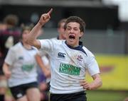 17 March 2010; Calub Morrison, Man of the Match, Ballymena Academy, celebrates at the final whistle. Northern Bank Schools Cup Final, Ballymena Academy v Belfast Royal Academic, Ravenhill Park, Belfast, Co. Antrim. Picture credit: Oliver McVeigh / SPORTSFILE