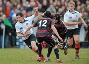 17 March 2010; Charlie Simpson, Ballymena Academy, in action against Mark Glover and Thomas Vincent, Belfast Royal Academic. Northern Bank Schools Cup Final, Ballymena Academy v Belfast Royal Academic, Ravenhill Park, Belfast, Co. Antrim. Picture credit: Oliver McVeigh / SPORTSFILE