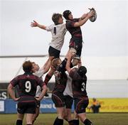 17 March 2010; Thomas Vincent, Belfast Royal Academic, takes the ball in the lineout against David Whann, Ballymena Academy. Northern Bank Schools Cup Final, Ballymena Academy v Belfast Royal Academic, Ravenhill Park, Belfast, Co. Antrim. Picture credit: Oliver McVeigh / SPORTSFILE