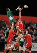 18 March 2010; Lou Reed, Scarlets, wins possession in the line-out against Nick Williams, Munster. Celtic League, Munster v Scarlets, Musgrave Park, Cork. Picture credit: Matt Browne / SPORTSFILE