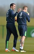 23 March 2016; Republic of Ireland's John O'Shea and James McClean during squad training. National Sports Campus, Abbotstown, Dublin. Picture credit: David Maher / SPORTSFILE