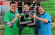 24 March 2016; Ireland's Olympic boxers have come out in force to show their support for Special Olympics Ireland ahead of the charity’s annual Collection Day next month on Friday, April 22nd. The boxers, who rank as some of Ireland’s most promising medal hopes at this summer’s Rio Olympics, welcomed athletes from Team Ireland to the Irish Athletic Boxing Association’s, IABA, High Performance Boxing Unit in Dublin yesterday, Wednesday 23rd. The boxers called on members of the public to dig deep on Collection Day, which is proudly supported by eir, as the charity seeks to raise €650,000 in 24 hours on April 22nd. Pictured are, from left to right, Keith Butler, Walkinstown, Co. Dublin, Special Olympics 800m Swimming Gold Medallist and fifth place in the 1500m Open Water, Joe Ward, Moate, Co. Westmeath, European Champion and World Light-Heavyweight Silver Medallist, and Mark Duffy, Tallaght, Co. Dublin, Special Olympics Bronze medallist in 11-a-side football. Boxing High Performance Unit, Dublin. Picture credit: Seb Daly / SPORTSFILE