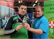 24 March 2016; Ireland's Olympic boxers have come out in force to show their support for Special Olympics Ireland ahead of the charity’s annual Collection Day next month on Friday, April 22nd. The boxers, who rank as some of Ireland’s most promising medal hopes at this summer’s Rio Olympics, welcomed athletes from Team Ireland to the Irish Athletic Boxing Association’s, IABA, High Performance Boxing Unit in Dublin yesterday, Wednesday 23rd. The boxers called on members of the public to dig deep on Collection Day, which is proudly supported by eir, as the charity seeks to raise €650,000 in 24 hours on April 22nd. Pictured are Joe Ward, Moate, Co. Westmeath, European Champion and World Light-Heavyweight Silver Medallist and Mark Duffy, Tallaght, Co. Dublin, Special Olympics Bronze medallist in 11-a-side football. Boxing High Performance Unit, Dublin. Picture credit: Seb Daly / SPORTSFILE