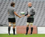 19 March 2010; Ireland locks Donncha O'Callaghan, left, and Paul O'Connell in conversation during the squad captain's run ahead of their RBS Six Nations Rugby Championship match against Scotland on Saturday. Croke Park, Dublin. Picture credit: Brendan Moran / SPORTSFILE