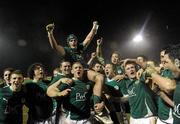 19 March 2010; The Ireland captain Rhys Ruddock is lifted up by his team-mates. U20 Six Nations Rugby Championship, Ireland v Scotland, Dubarry Park, Athlone, Co. Westmeath. Picture credit: Matt Browne / SPORTSFILE