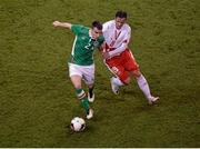 25 March 2016; Seamus Coleman, Republic of Ireland, in action against Shani Tarashaj, Switzerland. 3 International Friendly, Republic of Ireland v Switzerland. Aviva Stadium, Lansdowne Road, Dublin.  Picture credit: Cody Glenn / SPORTSFILE