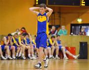 22 March 2010; A dejected Dylan Ogle, Patrician High School, during the closing moments of the game after defeat to St. Louis Community School. U16B Boys - All-Ireland Schools League Finals 2010, Patrician High School, Carrickmacross v St. Louis Community School, Kiltimagh, Mayo, National Basketball Arena, Tallaght, Dublin. Picture credit: David Maher / SPORTSFILE