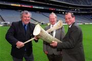 17 May 2001; Seamus Aldridge, Chairman of the Leinster Council of the GAA, Professor Jim Roche, Teagasc and Dr. Noel Culliton, Teagasc at Croke Park, Dublin during the GAA presentation of a check to Teagasc, in aid of further development of the GAA-Teagasc Ash project at Johnstown Castle, Wexford. Photo by Ray McManus/Sportsfile