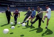 22 May 2001; Pictured at Croke Park, where details of this year's MBNA Kick Fada were announced, are Ian O'Doherty, Regional Director, MBNA Ireland, Galway's Padraig Joyce, broadcaster, Michael O' Muircheartaigh, Jonathan Magee, Dublin, GAA President, Sean McCague and Anthony Rainbow, Kildare. Photo by Ray McManus/Sportsfile