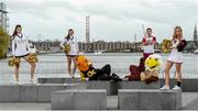 1 April 2016; Georgia Tech cheerleaders Jackie Carroll, left, and Sarah Kate Somers with Boston College cheerleaders Matthew Keemon and Elizabeth Pehota, and mascots Buzz, left, and Baldwin pictured at American Football Cheerleaders & Mascots Dublin shoot ahead of this September’s Aer Lingus College Football Classic in the Aviva Stadium between Boston College and Georgia Tech. Tickets, from €35 go on general sale next Wednesday 6th April at 9.00am via Ticketmaster. Grand Canal Dock, Dublin. Picture credit: Seb Daly / SPORTSFILE