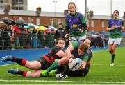 2 April 2016; Diane Mcllhagga, CYM, is tackled short of the try line by Chloe Lowry, left, and Claire Currams, Tullamore. Bank of Ireland Leinster League Women's Division 2 Final, Tullamore v CYM. Donnybrook Stadium, Donnybrook, Dublin. Picture credit: Sam Barnes / SPORTSFILE