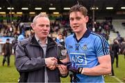 2 April 2016; Dublin's Con O'Callaghan is presented with the EirGrid Man of the Match award by John Fitzgerald from EirGrid, after the game. EirGrid Leinster GAA Football U21 Championship Final, Dublin v Kilare. Páirc Táilteann, Navan, Co. Meath.  Photo by Sportsfile