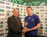 9 April 2010; Leinster's Jamie Heaslip who was presented with the Heineken Cup Man of the Match award by Pat Maher, National Sponsorship and Events Manager, Heineken Ireland. Heineken Cup Quarter-Final, Leinster v Clermont Auvergne, RDS, Ballsbridge, Dublin. Picture credit: Pat Murphy / SPORTSFILE