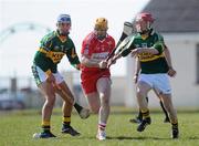 10 April 2010; Mickey Conway, Derry, in action against Liam Boyle, left, and John Fitzgerald, Kerry. Allianz GAA Hurling National League Division 3A Final, Kerry v Derry, Padraig Pearses, Woodmount, Roscommon. Picture credit: Brian Lawless / SPORTSFILE