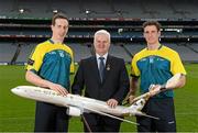 5 April 2016; Uachtarán Chumann Lúthchleas Aogán Ó Fearghail, with Colm Cavanagh, Tyrone, left, and Colin Fennelly, Kilkenny, at the Etihad Airways GAA World Games 2016 launch. Croke Park, Dublin. Picture credit: Ray McManus / SPORTSFILE