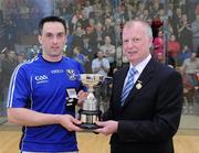 10 April 2010; Paul Brady, Cavan, left, receives his seventh All-Ireland Senior Singles title, from Tony Hannon, Handball President. GAA Handball 40x20 All-Ireland Senior Singles Final, Paul Brady, Cavan v Charly Shanks, Armagh. Kingscourt, Cavan. Picture credit: Oliver McVeigh / SPORTSFILE