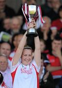 11 April 2010; The Tyrone captain Sinead O'Neill  lifts the cup. Camogie National League Division 4 Final, Tyrone v Westmeath, Healy Park, Omagh, Co. Tyrone. Picture credit: Ray McManus / SPORTSFILE