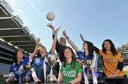 13 April 2010; The Tesco Senior All Ireland Post Primary Schools finals take place this Saturday 17th of April in Longford and Limerick and players from the schools involved gathered in Croke Park today to launch the finals. The Senior A and B finals take place as a double header at Pearse Park, Longford with the Senior C final taking place as a stand alone game at Croagh in Limerick. St Leos, Carlow, the 2007 All Ireland champions, are again challenging for honours in the Senior A final and face Loretto Grammar School, Omagh, who make their first appearance in the final of the top grade competition. In the Senior B final, Mount St Michael, Claremorris, take on St Patrick’s Academy, Dungannon. This is the first time either school has made it to an All Ireland final. The Senior B final throws-in at 1.45pm with the Senior A final getting under way at 3.00pm. The Senior C title will be contested by Mercy Heights, Skibbereen, and Scoil Mhuire, Strokestown. The Senior C final throws in at 2.00pm. At Croke Park is Seamus Banim, Tesco Ireland, with from left, Ciara Hourihane, Mercy Heights, Skibbereen, Co. Cork, Aislinn Carroll, St. Patrick's Academy, Dungannon, Co. Tyrone, Deirdre O'Sullivan, St. Leo's, Carlow, Rachel Tierney, Mount St. Michael, Claremorris, Co. Mayo, and Máire Mullooly, Strokestown, Roscommon. Croke Park, Dublin. Picture credit: Brian Lawless / SPORTSFILE