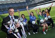 13 April 2010; The Tesco Senior All Ireland Post Primary Schools finals take place this Saturday 17th of April in Longford and Limerick and players from the schools involved gathered in Croke Park today to launch the finals. The Senior A and B finals take place as a double header at Pearse Park, Longford with the Senior C final taking place as a stand alone game at Croagh in Limerick. St Leos, Carlow, the 2007 All Ireland champions, are again challenging for honours in the Senior A final and face Loretto Grammar School, Omagh, who make their first appearance in the final of the top grade competition. In the Senior B final, Mount St Michael, Claremorris, take on St Patrick’s Academy, Dungannon. This is the first time either school has made it to an All Ireland final. The Senior B final throws-in at 1.45pm with the Senior A final getting under way at 3.00pm. The Senior C title will be contested by Mercy Heights, Skibbereen, and Scoil Mhuire, Strokestown. The Senior C final throws in at 2.00pm. At Croke Park is Seamus Banim, Tesco Ireland, with from left, Ciara Hourihane, Mercy Heights, Skibbereen, Co. Cork, Aislinn Carroll, St. Patrick's Academy, Dungannon, Co. Tyrone, Deirdre O'Sullivan, St. Leo's, Carlow, Rachel Tierney, Mount St. Michael, Claremorris, Co. Mayo, and Máire Mullooly, Strokestown, Roscommon. Croke Park, Dublin. Picture credit: Brian Lawless / SPORTSFILE