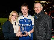 6 April 2016; Barry McGinn, Monaghan, is presented with the EirGrid Man of the Match Award by Grainne Duffy, Community Liaison Officer, North Eastern Region, EirGrid, and Robin McCormick, Head of SONI Ltd. EirGrid Ulster GAA Football U21 Championship Final, Monaghan v Tyrone, Athletic Grounds, Armagh. Picture credit: Oliver McVeigh / SPORTSFILE