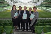 7 April 2016; In attendance at the Sport Ireland’s Anti-Doping Annual Review for 2015 are, from left, Dr. Úna May, Director of Participation and Ethics, Sport Ireland, David Howman, Director General, World Anti Doping Association (WADA), Michael Ring, T.D., Minister of State for Tourism and Sport, John Treacy, Chief Executive, Sport Ireland, and Caroline Murphy, Chairperson, Anti Doping Committee, Sport Ireland. Aviva Stadium, Lansdowne Road, Dublin. Picture credit: Brendan Moran / SPORTSFILE