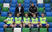 7 April 2016; Northern Ireland football legends Jim Magilton and Norman White, pictured alongside, from left, Andrew Doyle, Joshua Moffett, Tom Brady, Andrew Dickson and Andrew Bingham, at the launch of Red Bull Neymar Jr’s Five, a unique knockout 5 a side football tournament with a difference. This fun, fast-paced and technical game will give young local footballers, 16 to 25 years, the opportunity to put teams together to compete and represent Northern Ireland at the World Final in Brazil this summer http://www.neymarjrsfive.com/country/northern-ireland/. National Football Stadium, Belfast. Picture credit: Ramsey Cardy / SPORTSFILE