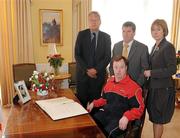 14 April 2010; Polish Ambassador to Ireland Dr. Tadeusz Szumowski, with Special Olympics athlete Dermot Leavy, Matt English, CEO, Special Olympics Ireland, and Mary Davis, Managing Director, Special Olympics Europe / Eurasia, after they signed a book of condolence at the Polish Embassy in Dublin in memory of Polish President Mr. Lech Kaczynski, First Lady Mrs Maria Kaczynska and 95 others who died in a plane crash in Russia last Saturday. Mr & Mrs Kaczynska were strong supporters of the Special Olympics movement and were involved in Poland’s preparation to host the 2010 European Games in September. Afterwards the Special Olympics delegation met with the Ambassador to convey, on behalf of the Special Olympics movement in Europe, their deepest condolences to the people of Poland. Embassy of the Republic of Poland, Ballsbridge, Dublin. Picture credit: Brendan Moran / SPORTSFILE