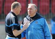 11 April 2010; Dublin manager Pat Gilroy in conversation with Professor Gerry McElvaney, the Dublin team doctor, before the game. Allianz GAA Football National League Division 1 Round 7, Tyrone v Dublin, Healy Park, Omagh, Co. Tyrone. Picture credit: Ray McManus / SPORTSFILE
