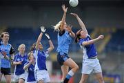 17 April 2010; Nichola Rafferty, St Patrick’s Academy, Dungannon, in action against Laura Kelly and Amy Bell, Mount St Michael, Claremorris. Tesco All-Ireland Senior B Post Primary Schools Final, Mount St Michael, Claremorris, Mayo v St Patrick’s Academy, Dungannon, Tyrone. Pearse Park, Longford. Picture credit: Matt Browne / SPORTSFILE