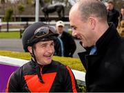 10 April 2016; Jockey Shane Foley in conversation with Trainer Adrian Paul Keatley after winning the Leopardstown 1,000 Guineas Trial Stakes on Jet Setting. Leopardstown, Co. Dublin. Picture credit: Cody Glenn / SPORTSFILE